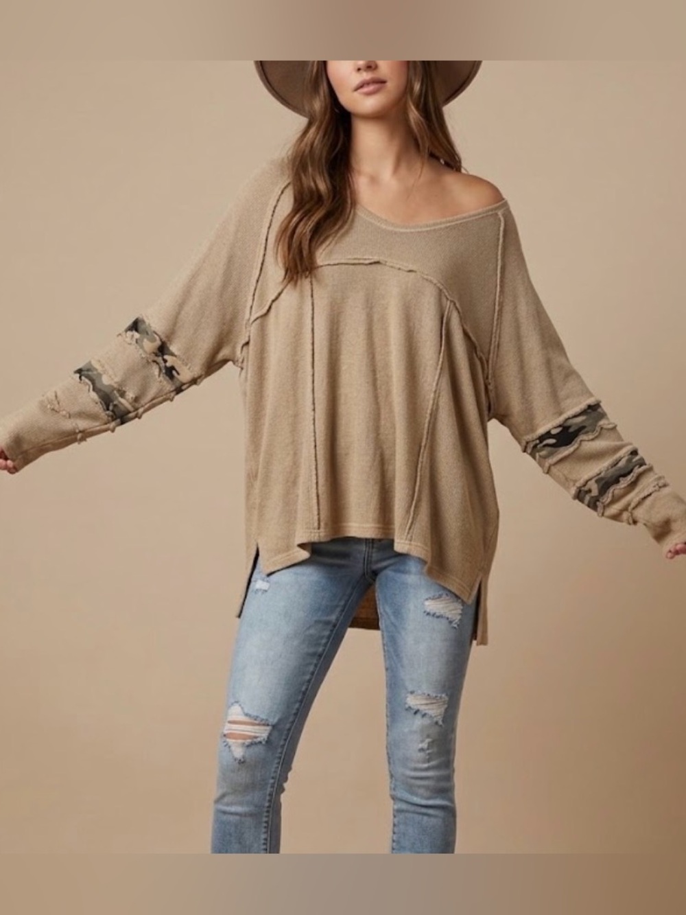 POL Oversized Raw Edge Hem Camo Inset Striped Sleeve Knit Top Large